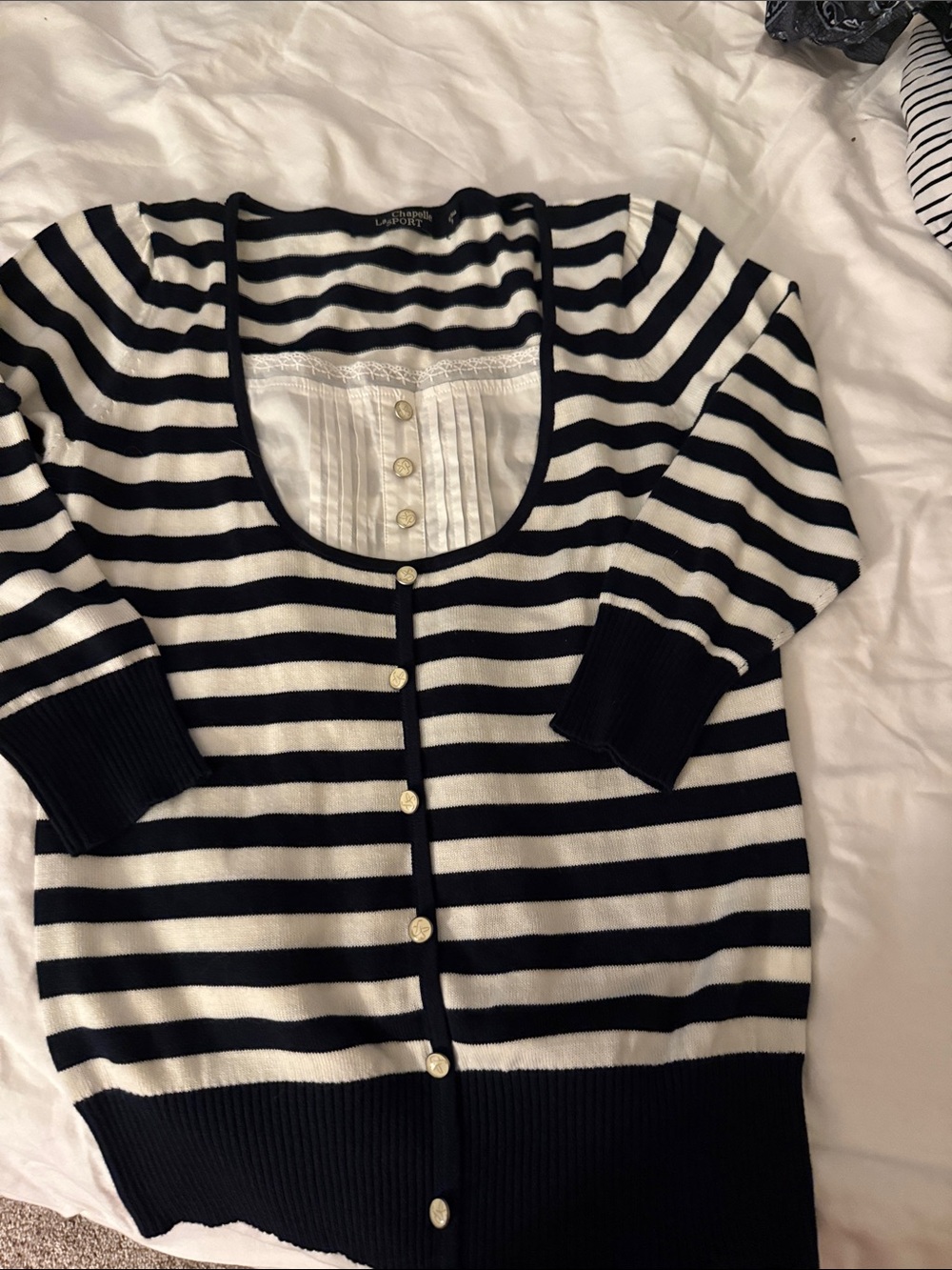 Women’s Black and White Striped Button-Front Cardigan